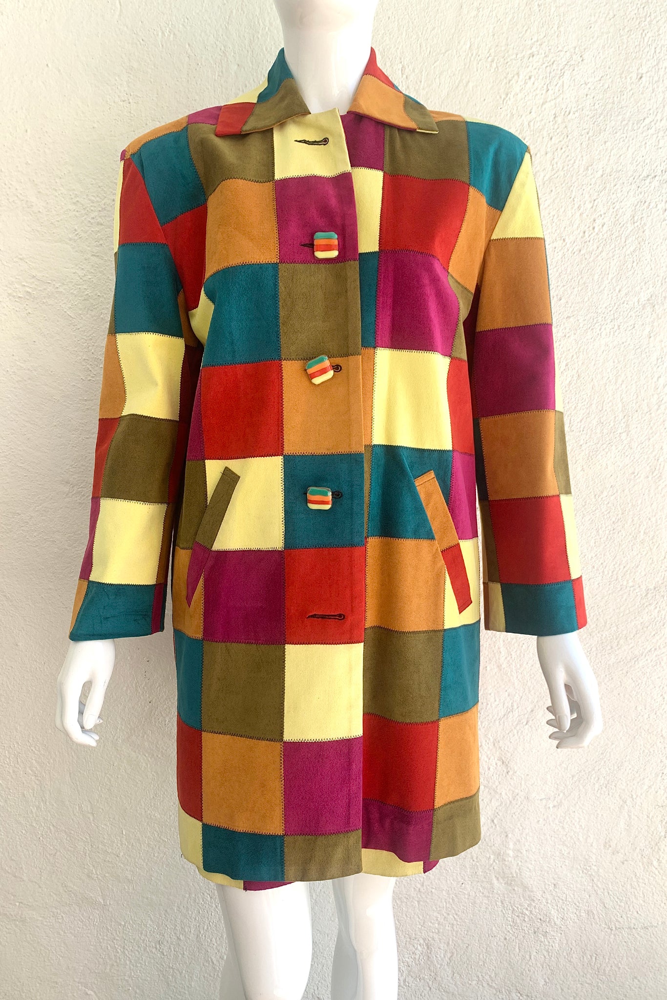 Vintage Todd Oldham Fall 1991 Ultrasuede Patchwork Jacket & Skirt Set on Mannequin front at Recess