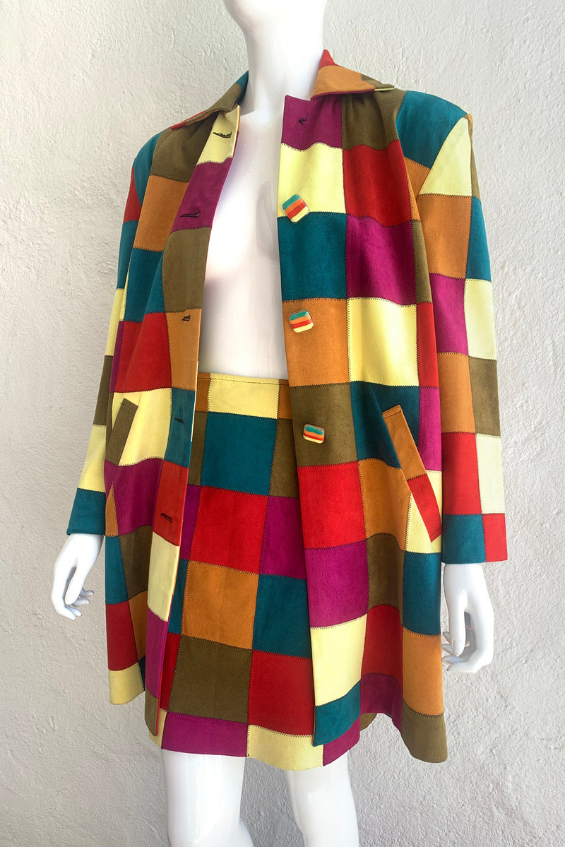 Vintage Todd Oldham Ultrasuede Patchwork Jacket & Skirt Set on Mannequin open at Recess
