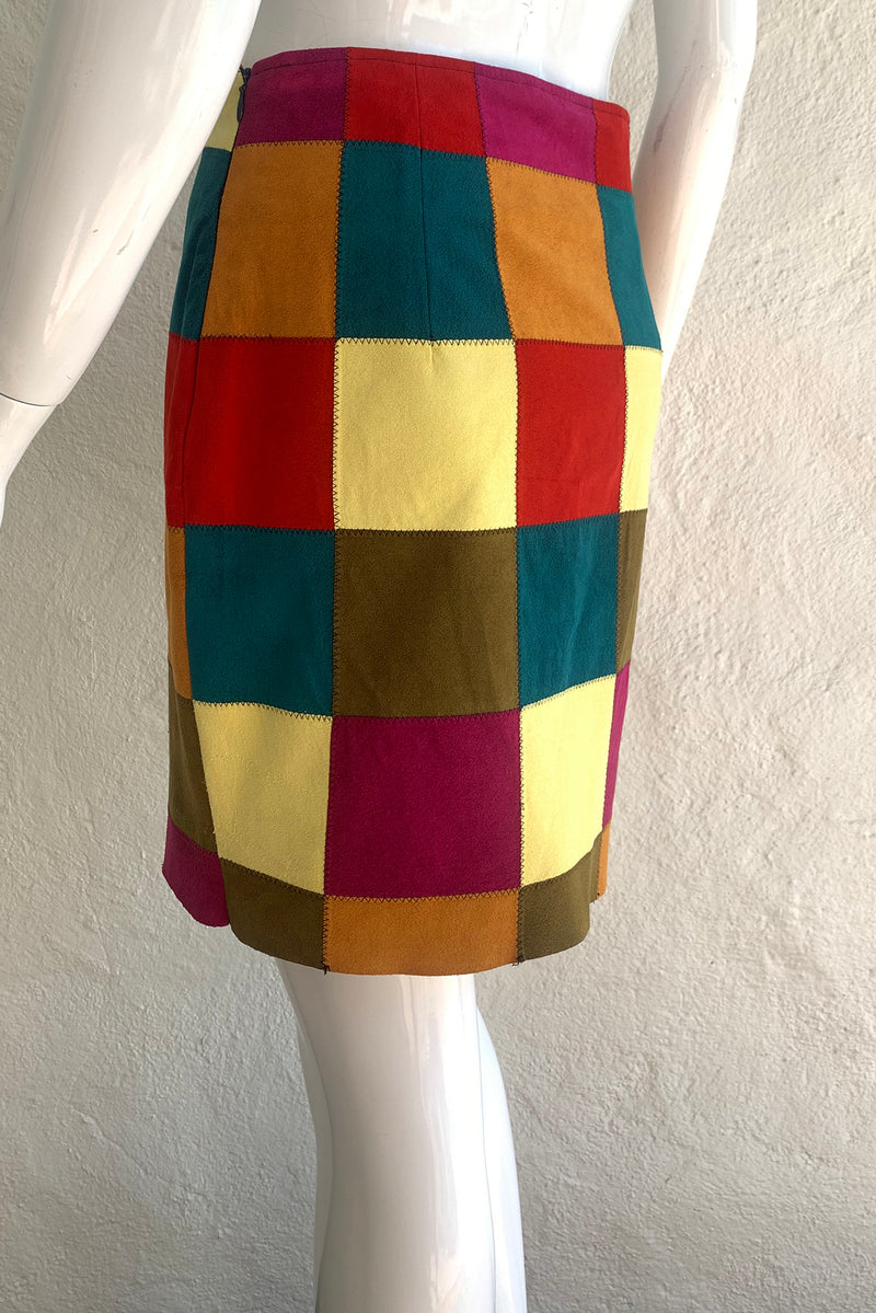 Vintage Todd Oldham Ultrasuede Patchwork  Skirt Set on Mannequin back angle at Recess