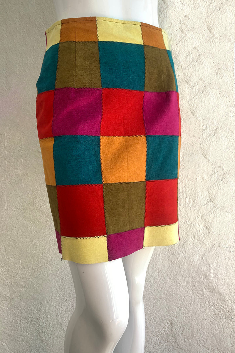 Vintage Todd Oldham Ultrasuede Patchwork Skirt Set on Mannequin front at Recess