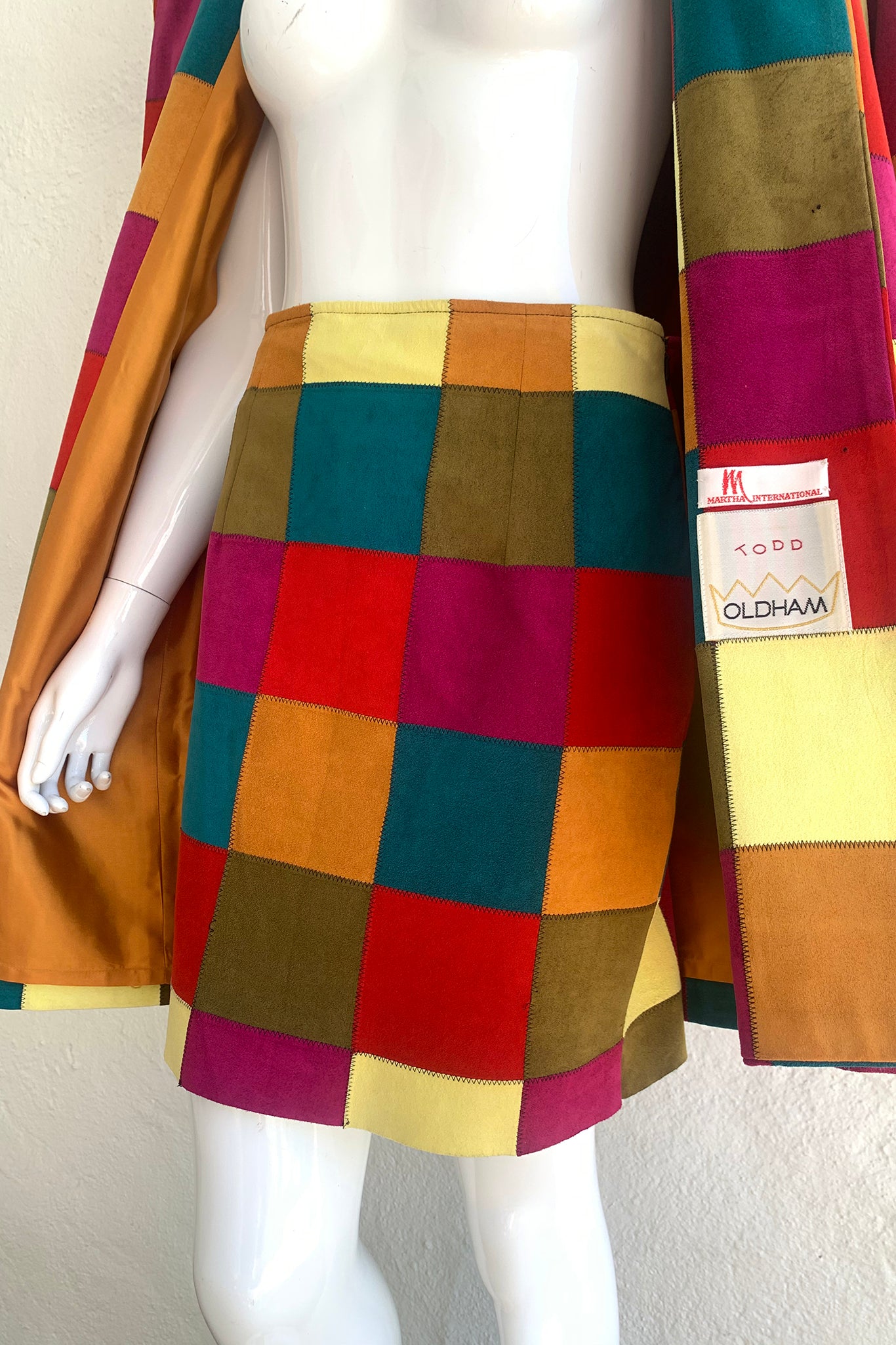 Vintage Todd Oldham Ultrasuede Patchwork Jacket & Skirt Set on Mannequin open skirt at Recess