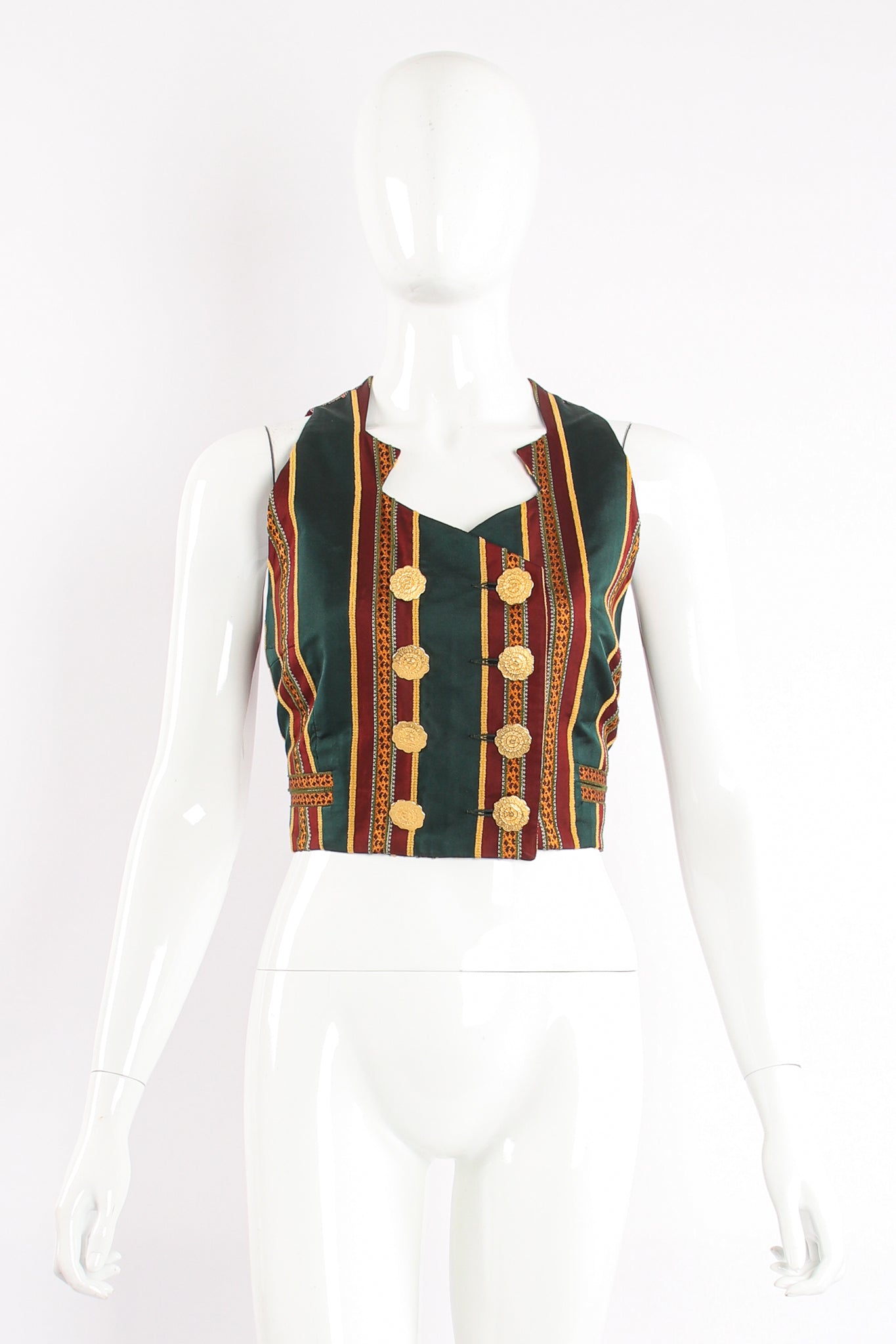 Vintage Todd Oldham Mixed Print Silk Vest on Mannequin front clipped at Recess Los Angeles