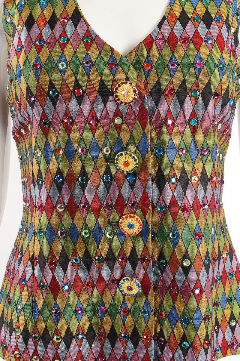 Vintage Todd Oldham Rainbow Rhinestone Harlequin Vest on Mannequin buttons at Recess Los Angeles