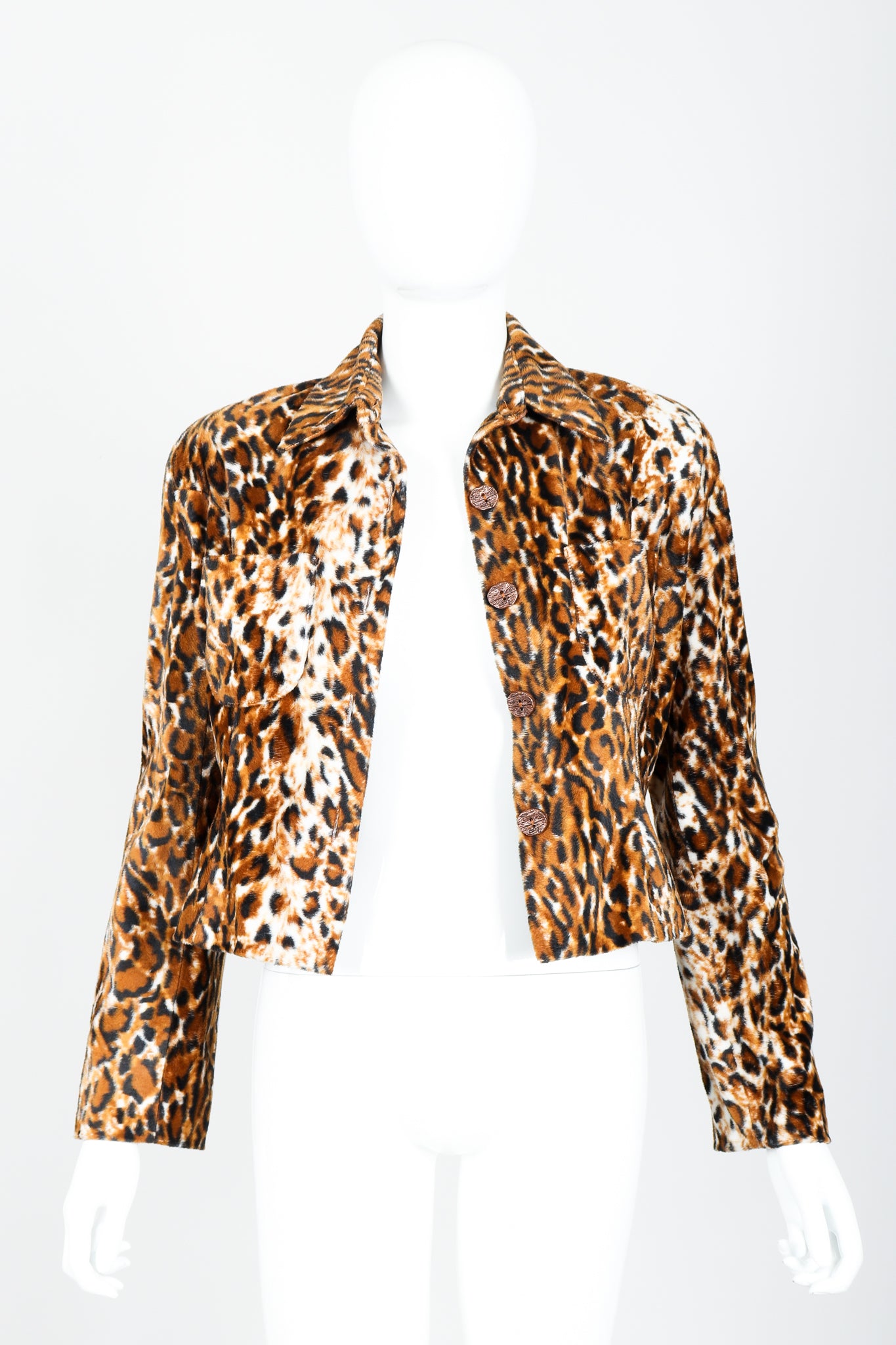 Vintage Todd Oldham Times Seven Faux Leopard Fur Jacket on Mannequin Open at Recess