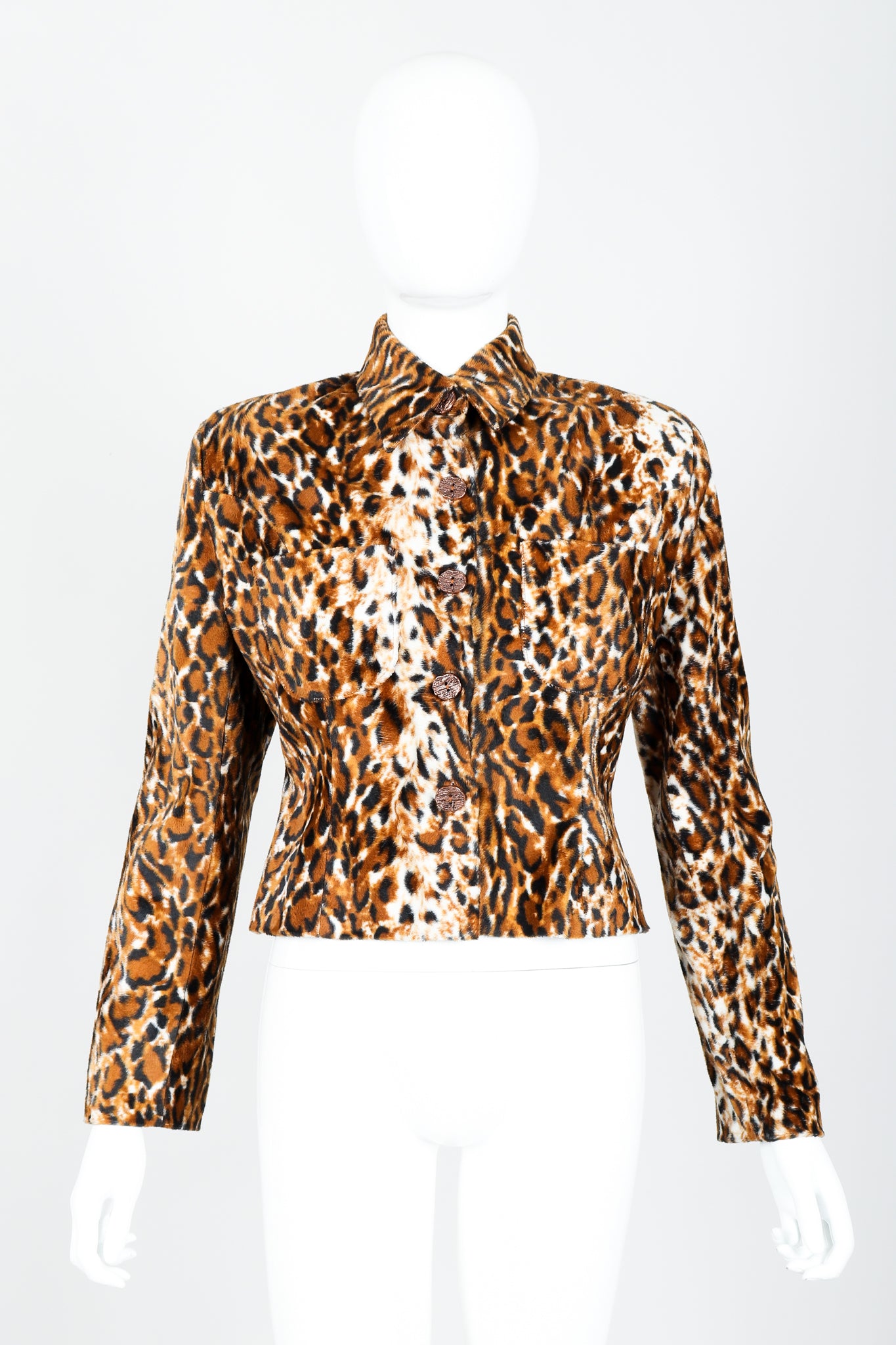 Vintage Todd Oldham Times Seven Faux Leopard Fur Jacket on Mannequin Front at Recess
