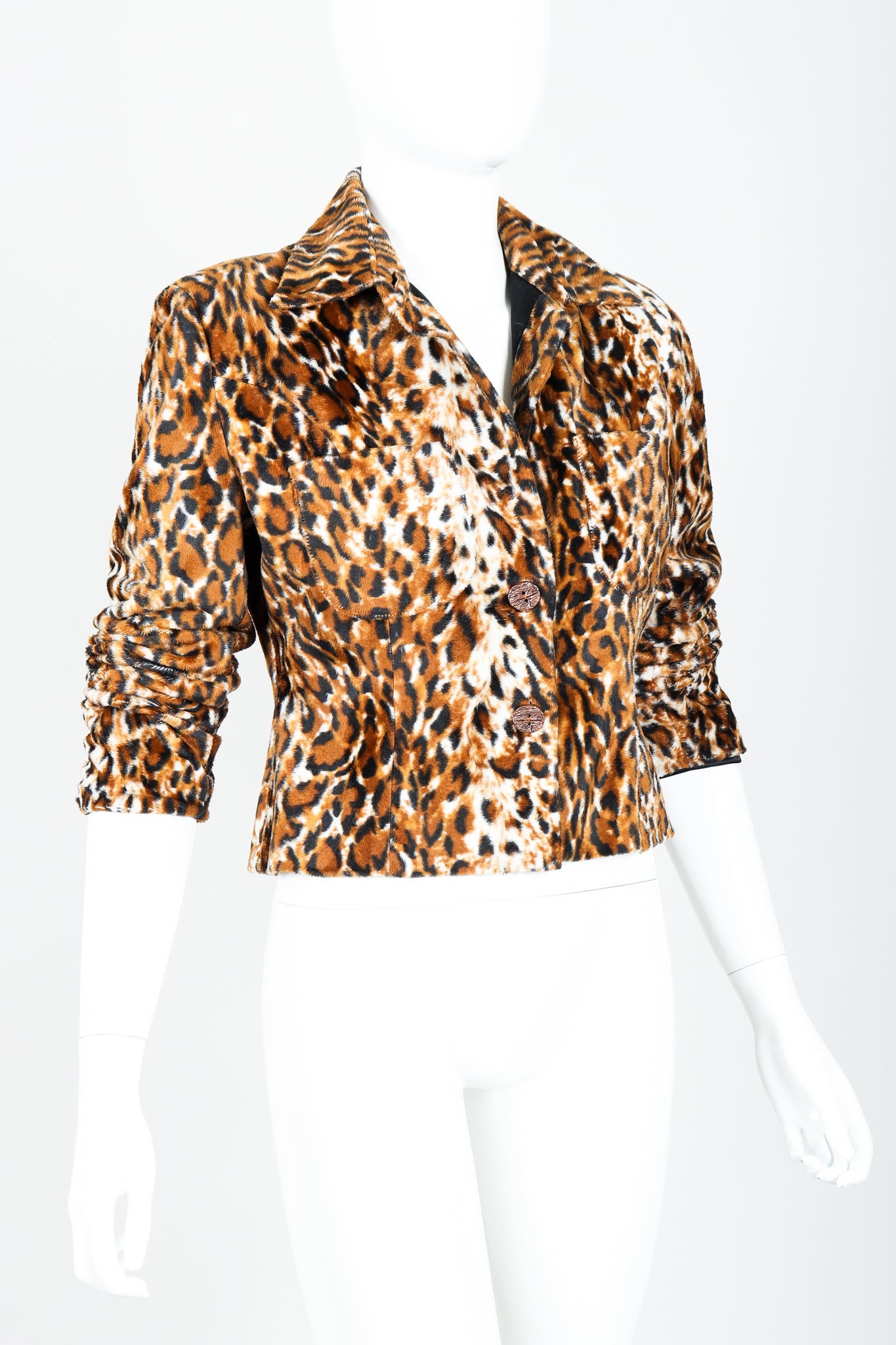 Vintage Todd Oldham Times Seven Faux Leopard Fur Jacket on Mannequin Angled at Recess