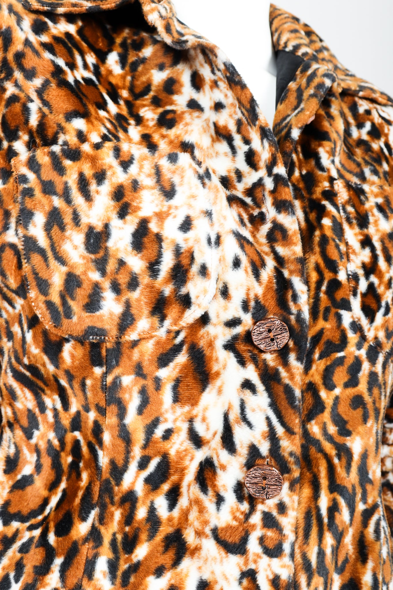 Vintage Todd Oldham Times Seven Faux Leopard Fur Jacket on Mannequin Button Detail at Recess