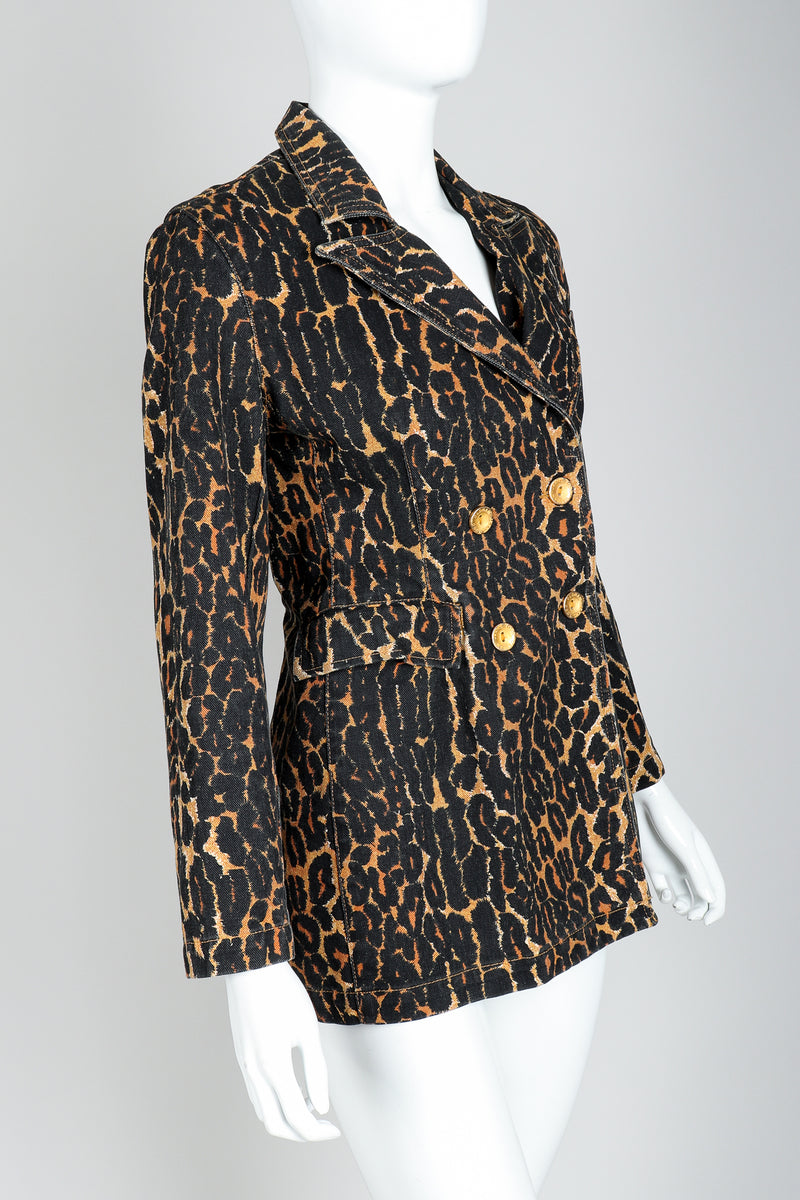 Recess Vintage Todd Oldham Leopard Print Denim Jacket On Mannequin, Side View