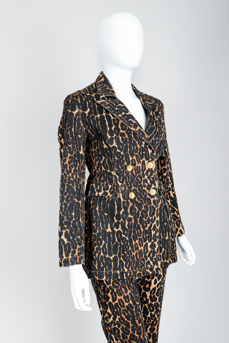 Recess Vintage Todd Oldham Leopard Print Denim Jacket & Pant Set On Mannequin, angled