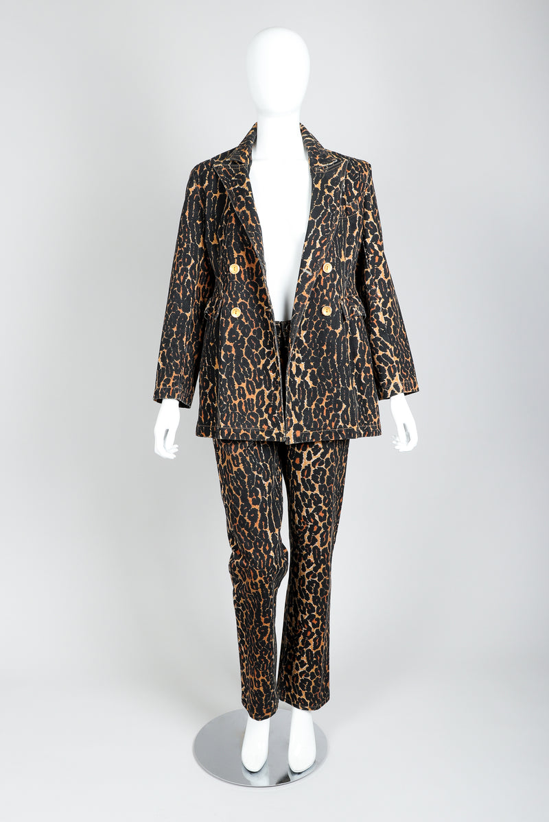 Recess Vintage Todd Oldham Leopard Print Denim Jacket & Pant Set On Mannequin, Open Jacket