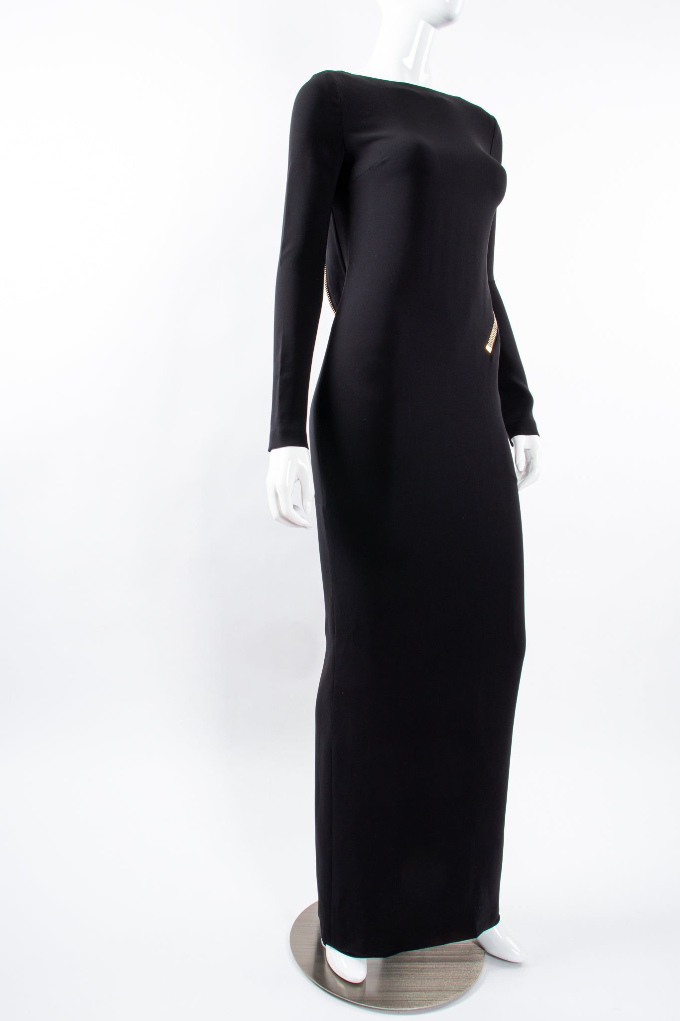 Vintage Tom Ford AW 2012 Plunge Back Zipper Gown on Mannequin angle at Recess Los Angeles
