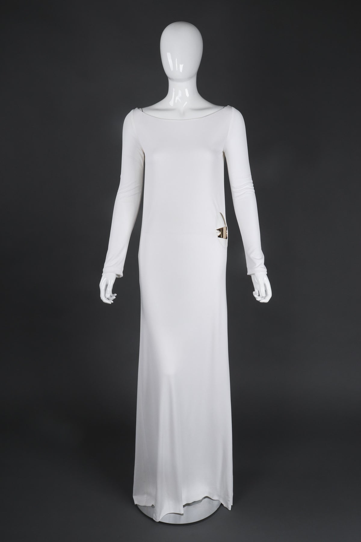 Vintage Gucci Tom Ford 1996 Cutout White Era Jersey Belt Gown Recess Vintage Gucci Tom Ford 1996 Cutout White Era Jersey Belt Gown Recess
