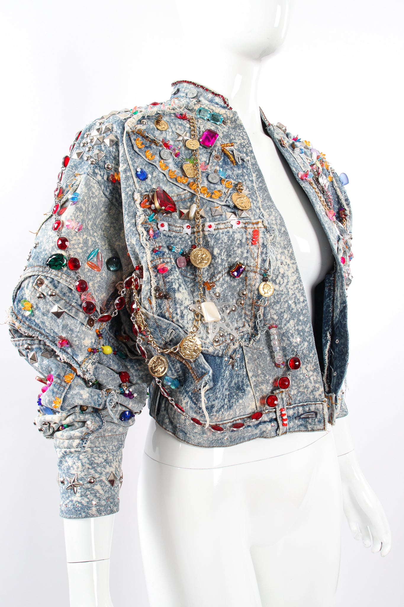 Vintage Tony Alamo Acid Wash Embellished Crop Jacket on Mannequin angle crop at Recess LA
