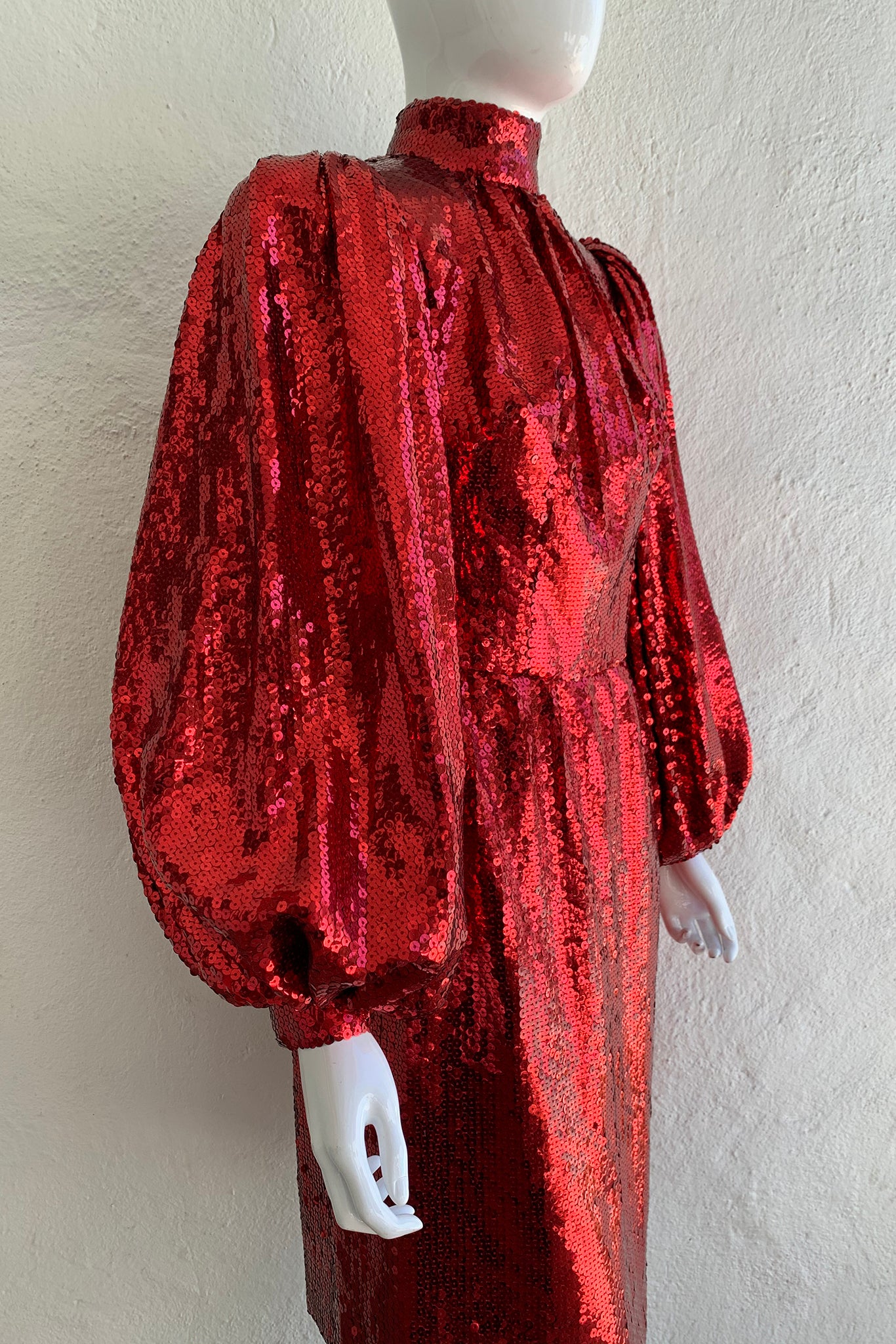 Vintage Touch of Paris by Carmen Zweig Sequin Balloon Sleeve Dress On Mannequin angle at Recess