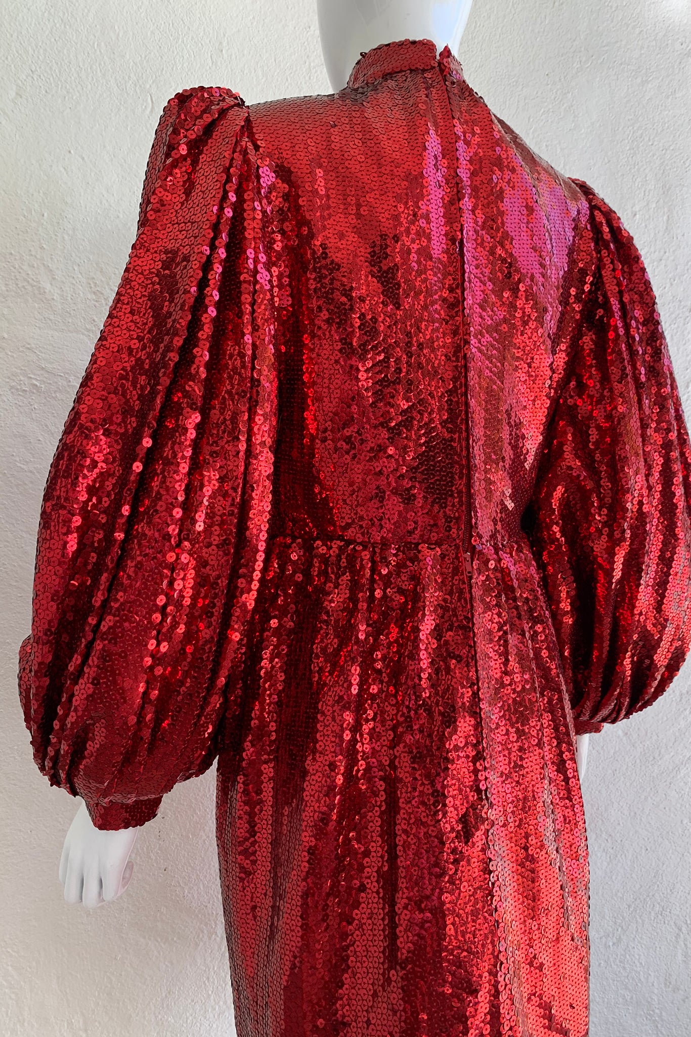 Vintage Touch of Paris by Carmen Zweig Sequin Balloon Sleeve Dress On Mannequin back angle @ Recess
