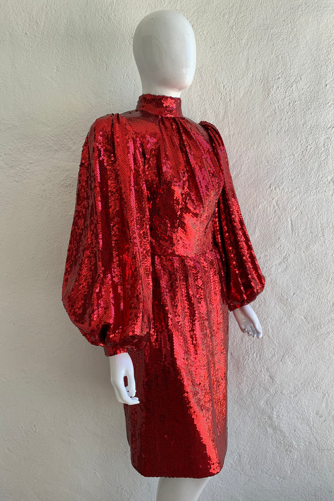 Vintage Touch of Paris by Carmen Zweig Sequin Balloon Sleeve Dress On Mannequin angle at Recess