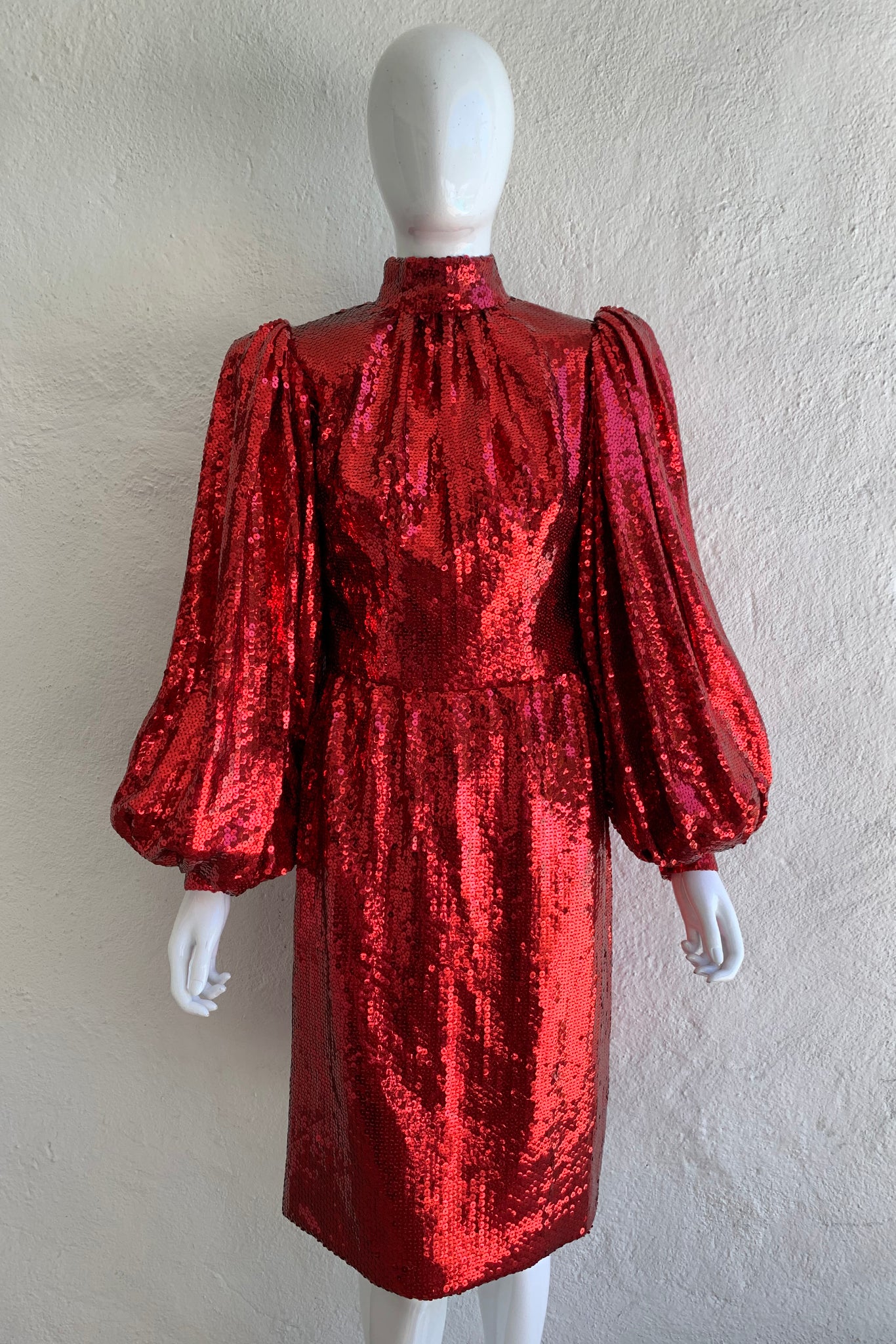 Vintage Touch of Paris by Carmen Zweig Sequin Balloon Sleeve Dress On Mannequin front at Recess