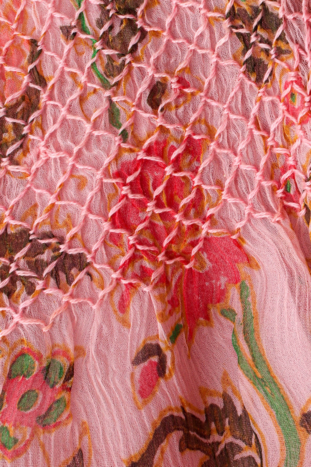 Vintage Treacy Lowe Sheer Botanical Peasant Dress honeycomb stitch on neckline detail @ Recess LA