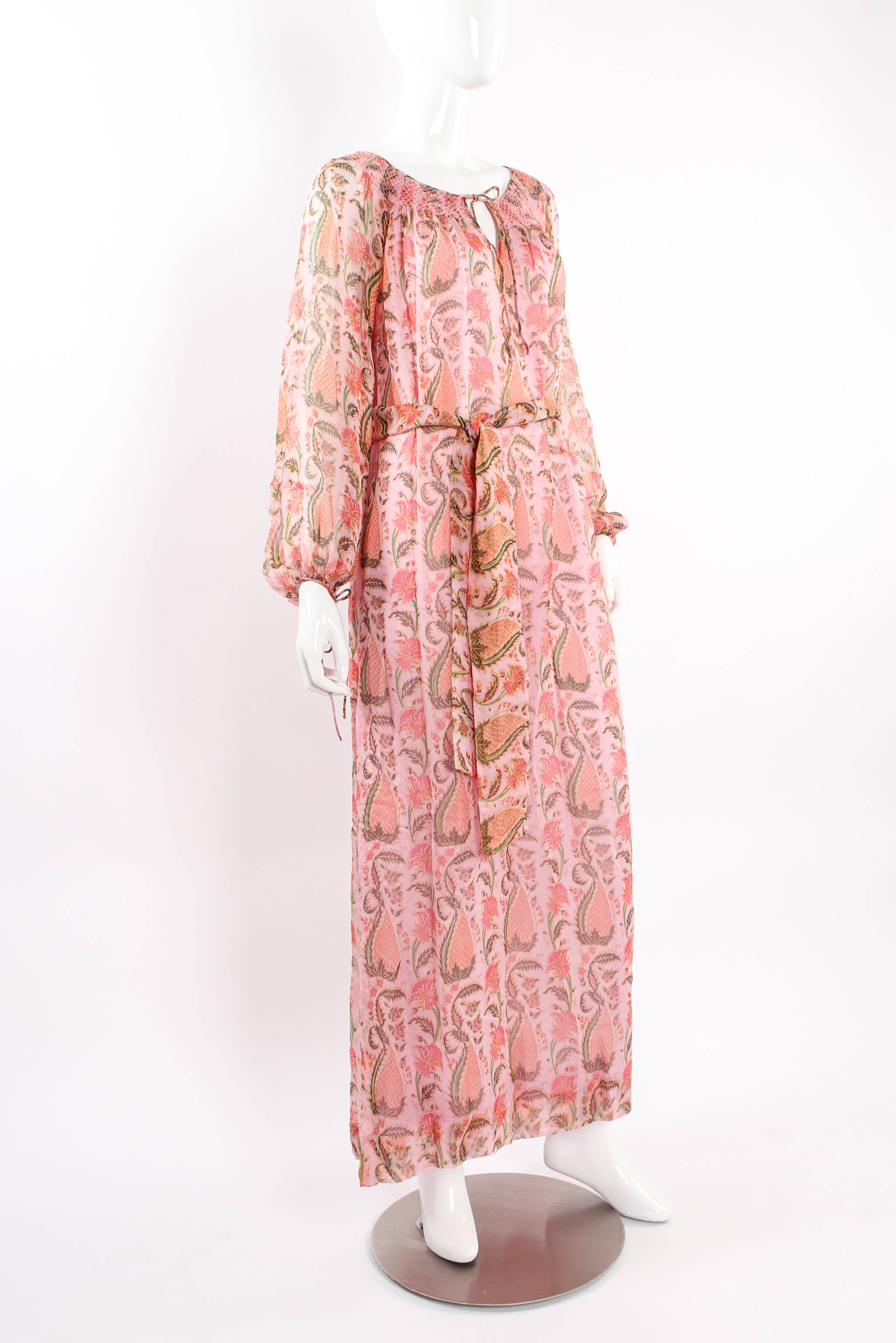 Vintage Treacy Lowe Sheer Botanical Peasant Dress mannequin angle with waist tie @ Recess LA