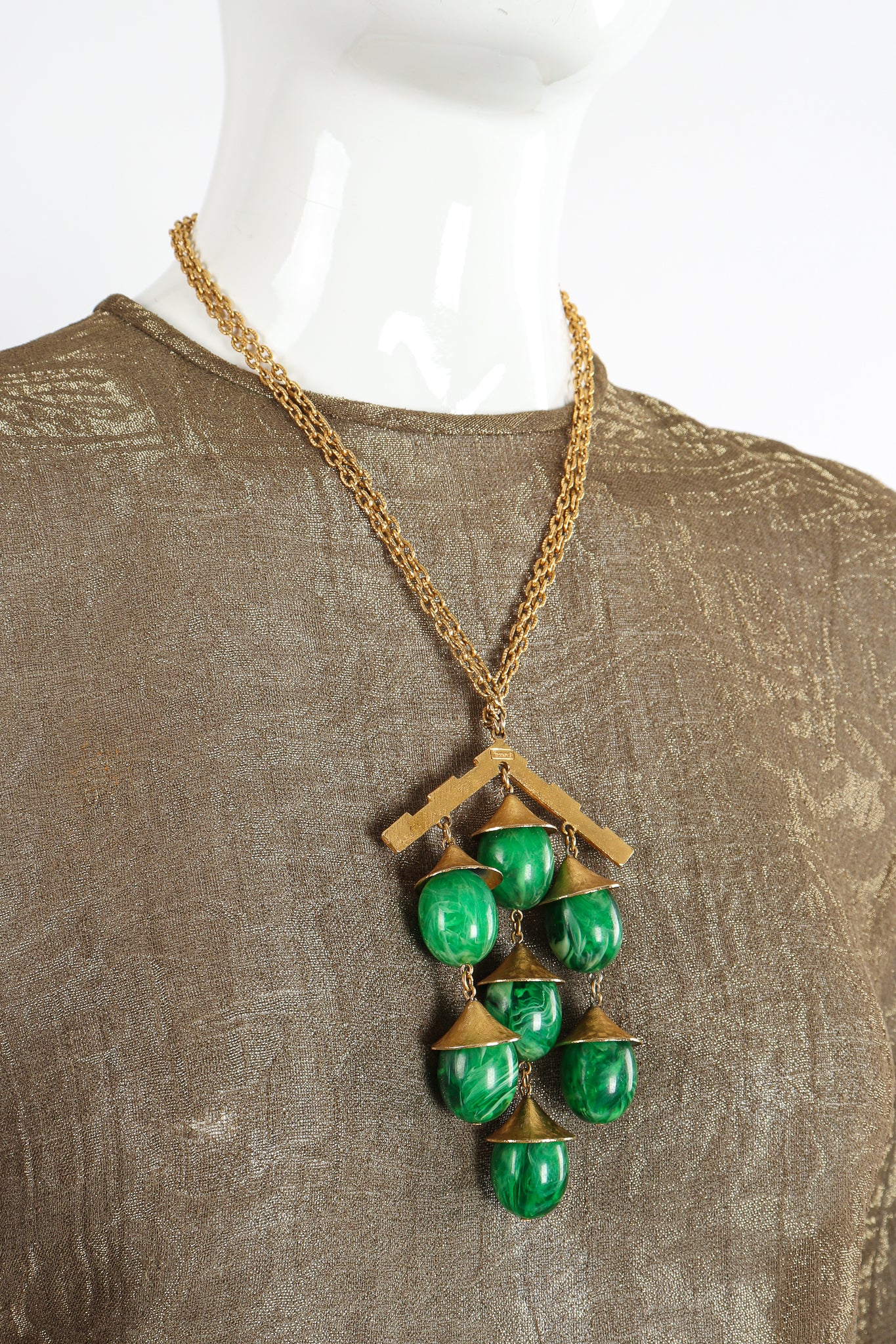 Vintage Trifari Faux Malachite Pagoda Bell Pendant Necklace on Mannequin at Recess Los Angeles