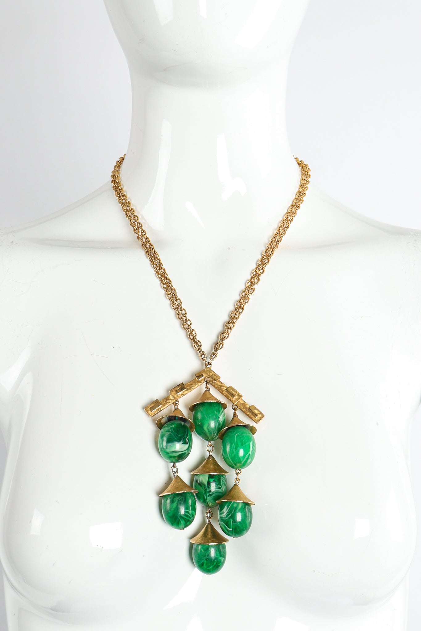 Vintage Trifari Faux Malachite Pagoda Bell Pendant Necklace on Mannequin at Recess Los Angeles