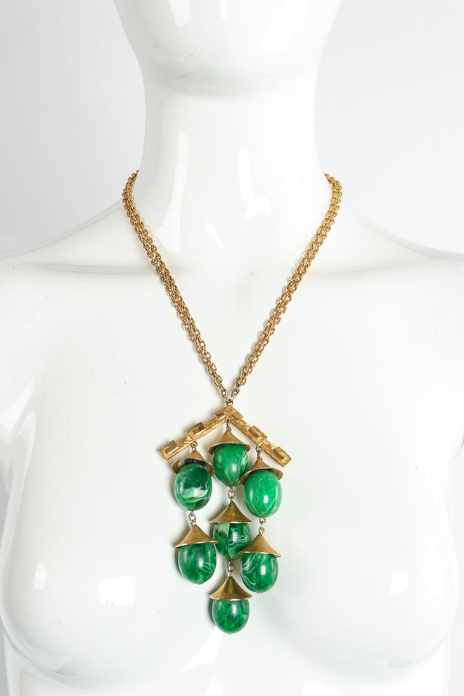 Vintage Trifari Faux Malachite Pagoda Bell Pendant Necklace on Mannequin at Recess Los Angeles