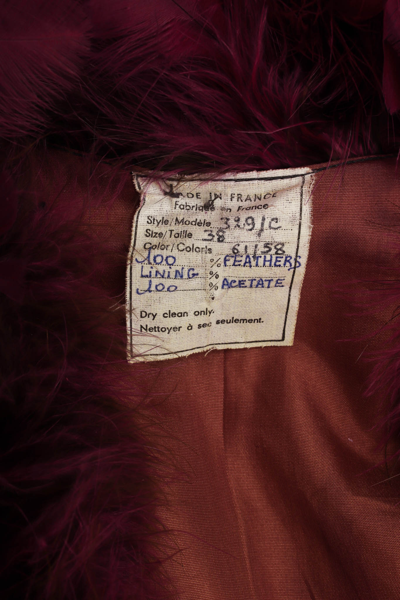 Vintage Unsigned Ostrich Turkey Feather Coat care/ fabric content tag @ Recess LA
