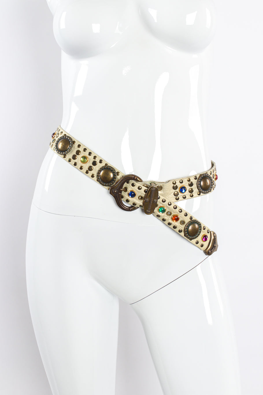 leather belt with multicolored gems by Usmeco mannequin front @recessla