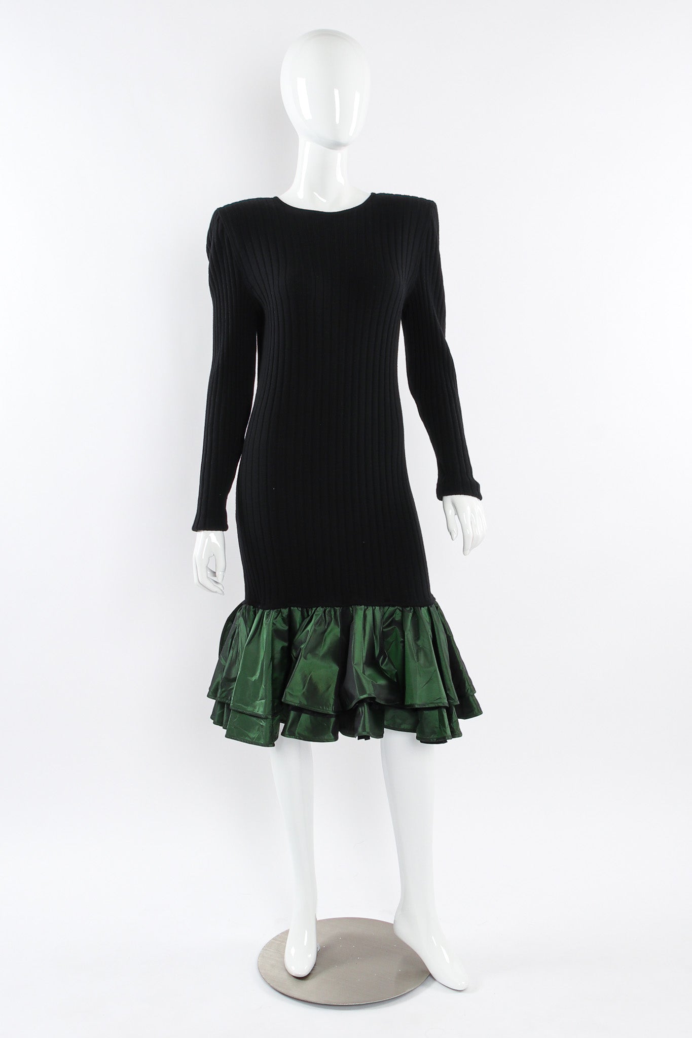 Vintage Emanuel Ungaro Ribbed Knit Taffeta Ruffle Dress mannequin front @ Recess LA