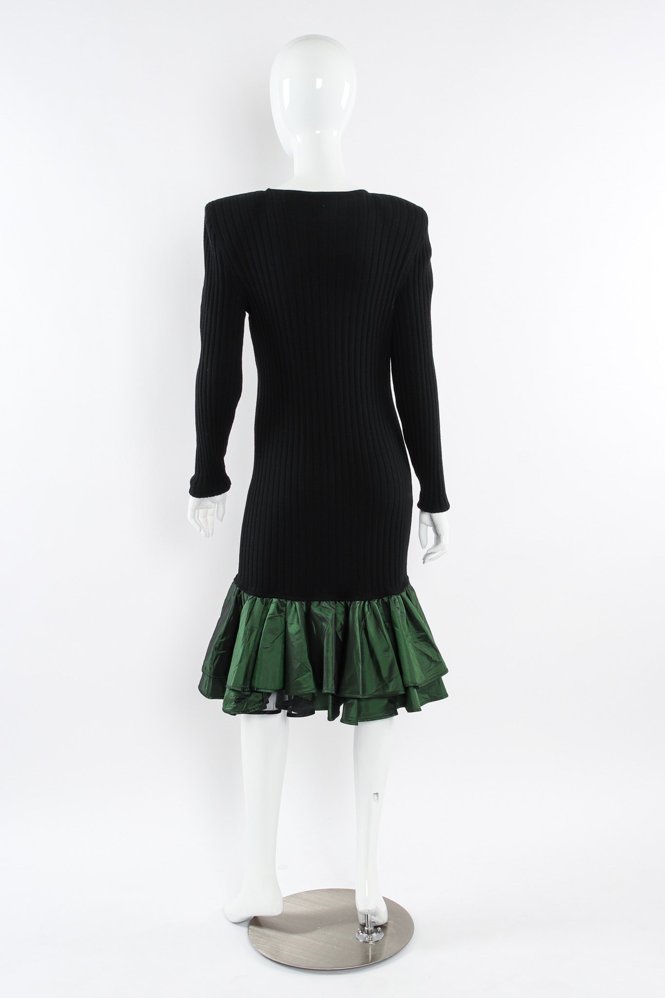Vintage Emanuel Ungaro Ribbed Knit Taffeta Ruffle Dress mannequin back @ Recess LA