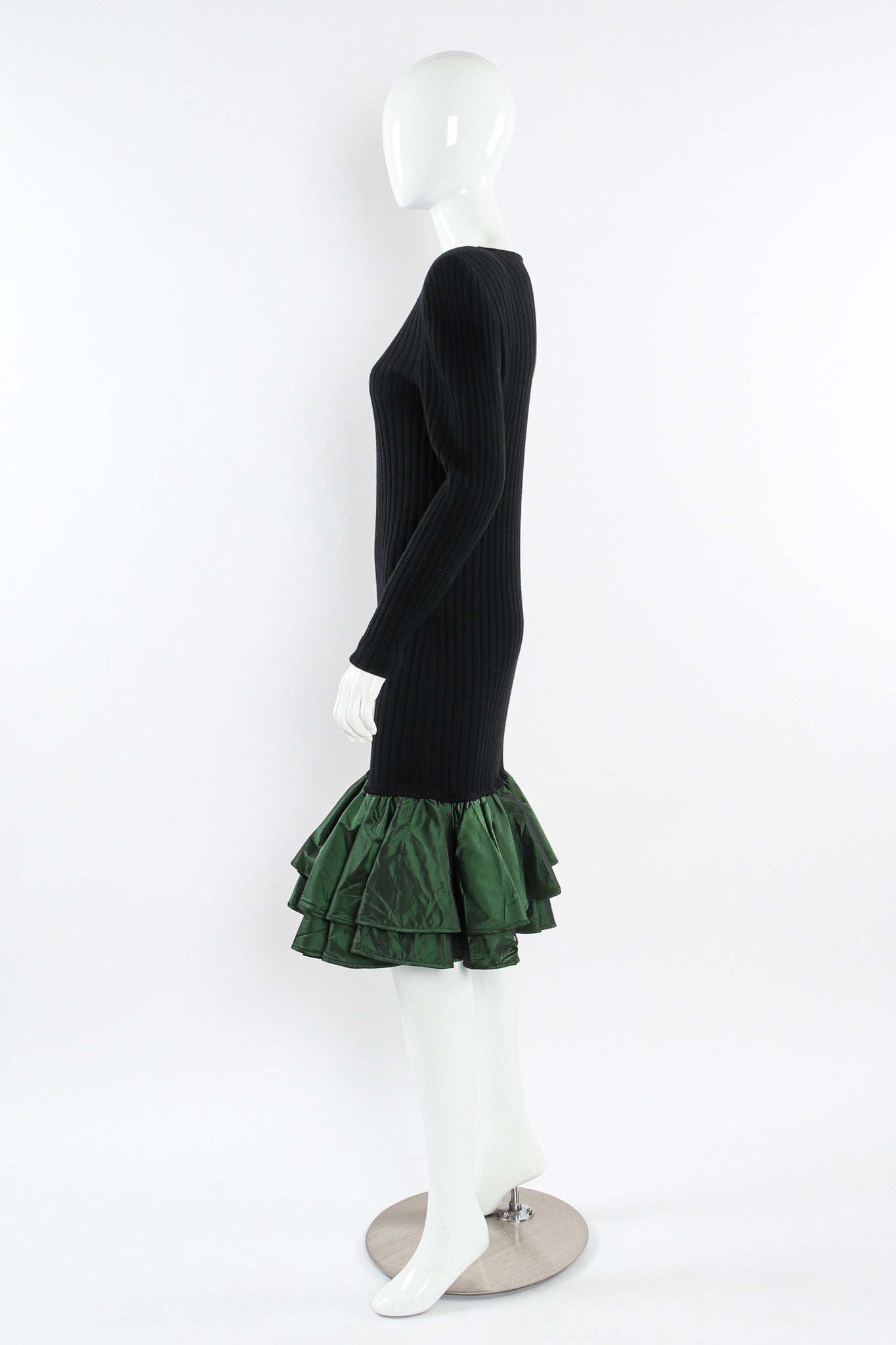 Vintage Emanuel Ungaro Ribbed Knit Taffeta Ruffle Dress mannequin side @ Recess LA