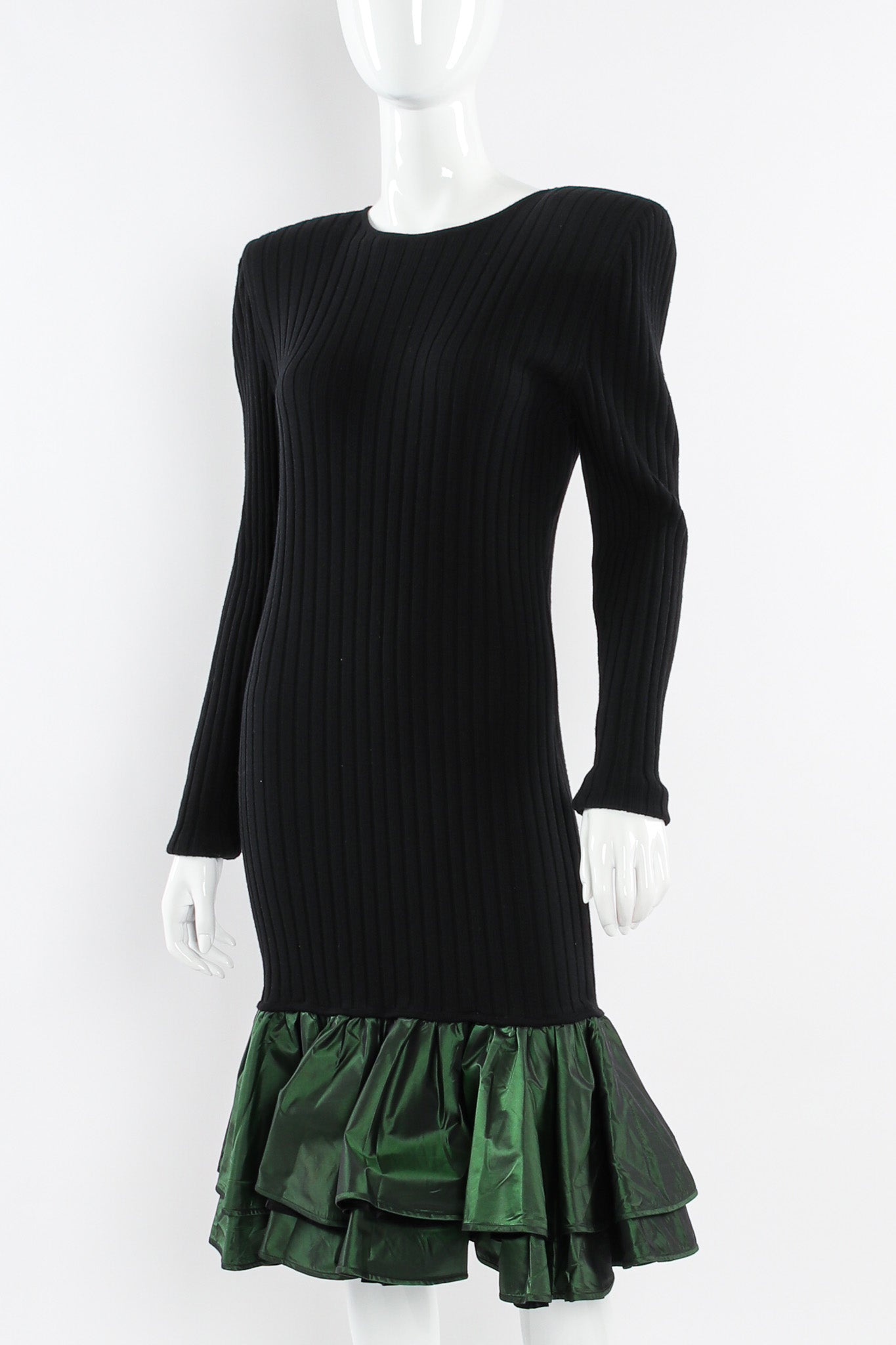 Vintage Emanuel Ungaro Ribbed Knit Taffeta Ruffle Dress mannequin close angle @ Recess LA