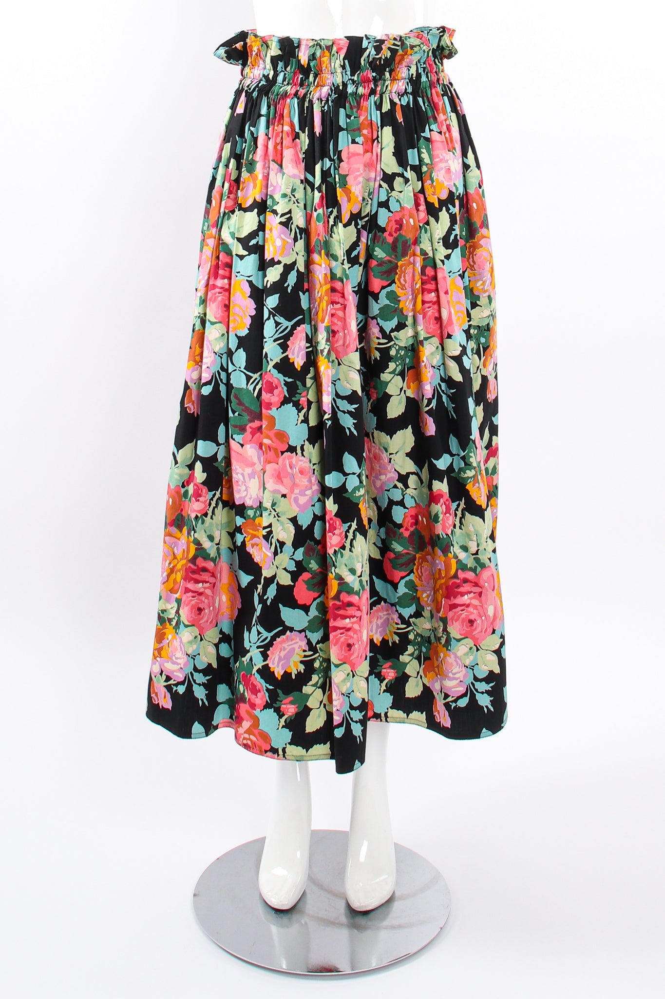 Vintage Emanuel Ungaro Floral Sateen Paper Bag Waist Skirt on Mannequin front at Recess LA