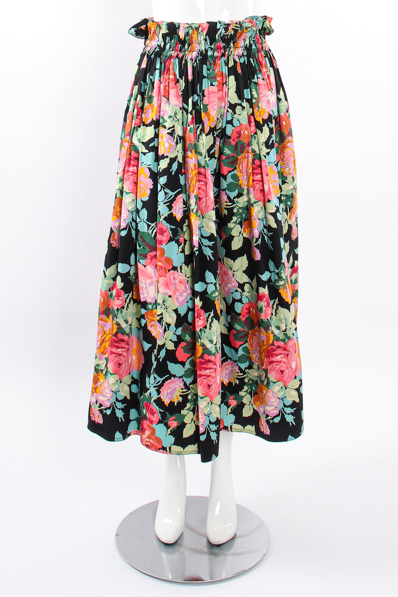 Vintage Emanuel Ungaro Floral Sateen Paper Bag Waist Skirt on Mannequin front at Recess LA