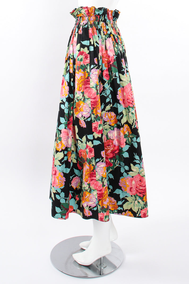 Vintage Emanuel Ungaro Floral Sateen Paper Bag Waist Skirt on Mannequin side at Recess LA
