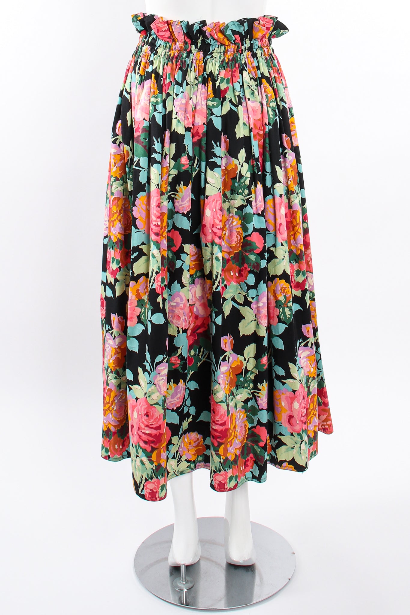 Vintage Emanuel Ungaro Floral Sateen Paper Bag Waist Skirt on Mannequin back at Recess LA