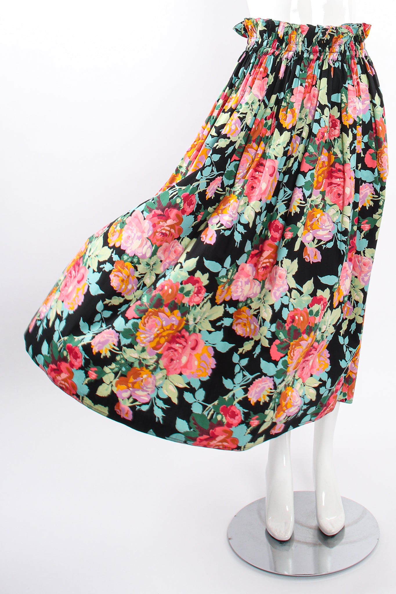 Vintage Emanuel Ungaro Floral Sateen Paper Bag Waist Skirt on Mannequin blow at Recess LA