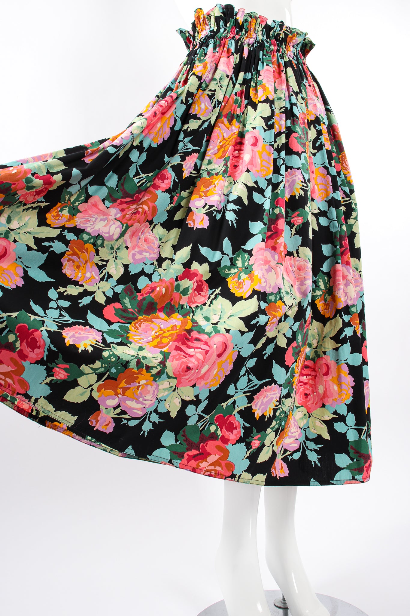 Vintage Emanuel Ungaro Floral Sateen Paper Bag Waist Skirt on Mannequin angle at Recess LA
