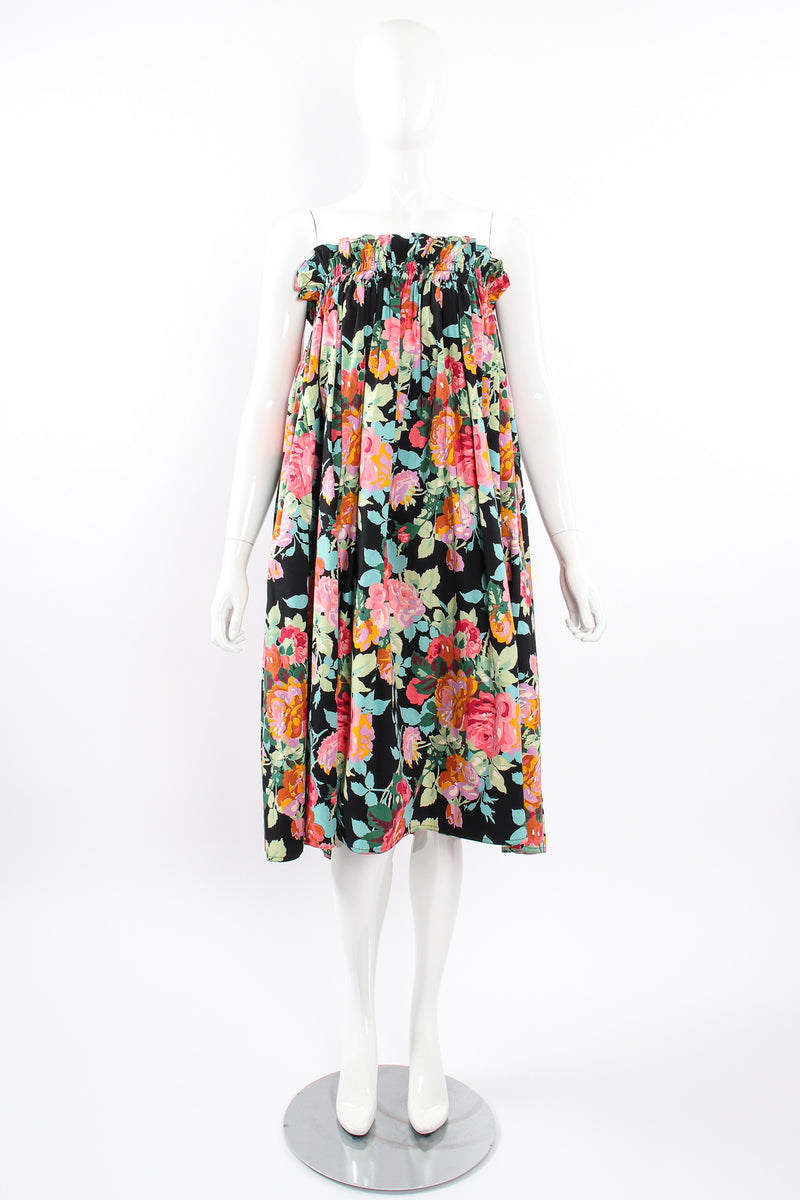 Vintage Emanuel Ungaro Floral Sateen Paper Bag Waist Skirt on Mannequin dress at Recess LA