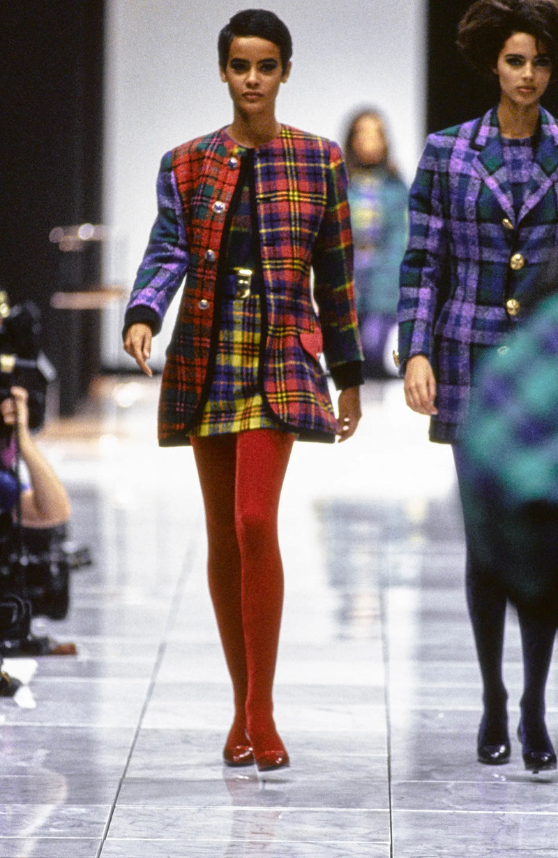 Vintage Gianni Versace 1991 A/W Rainbow Tartan Plaid Jacket on model Heather Stewart @ Recess LA