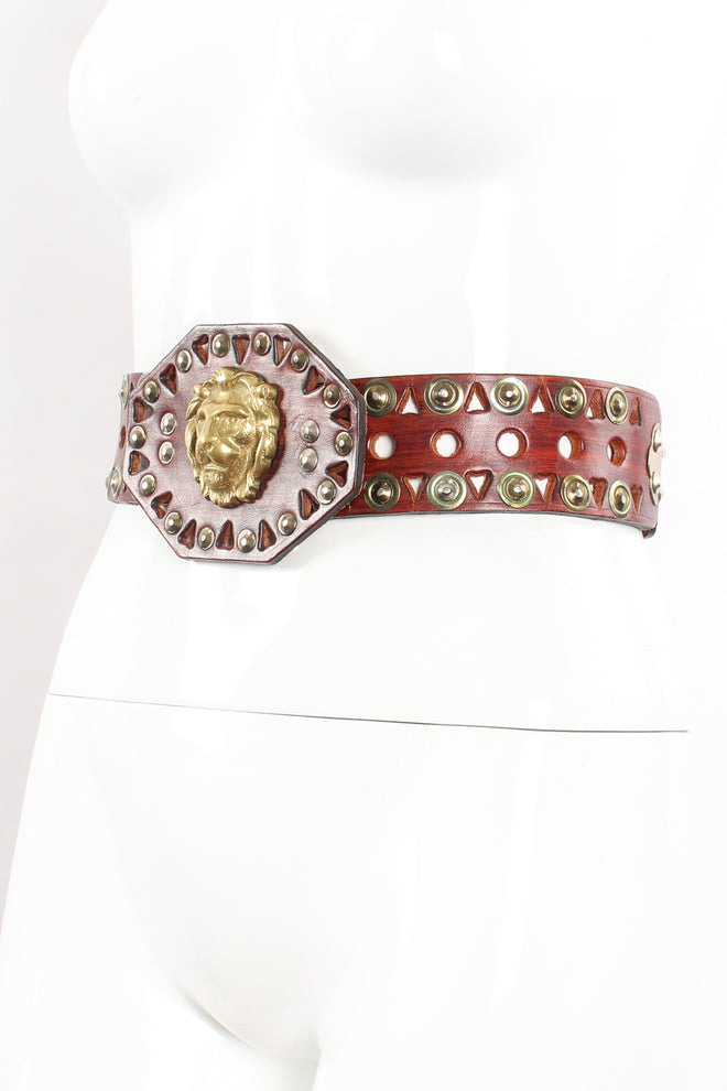 Vintage Made In Mexico Leather Cutout Hinged Lion Belt on mannequin at Recess Los Angeles