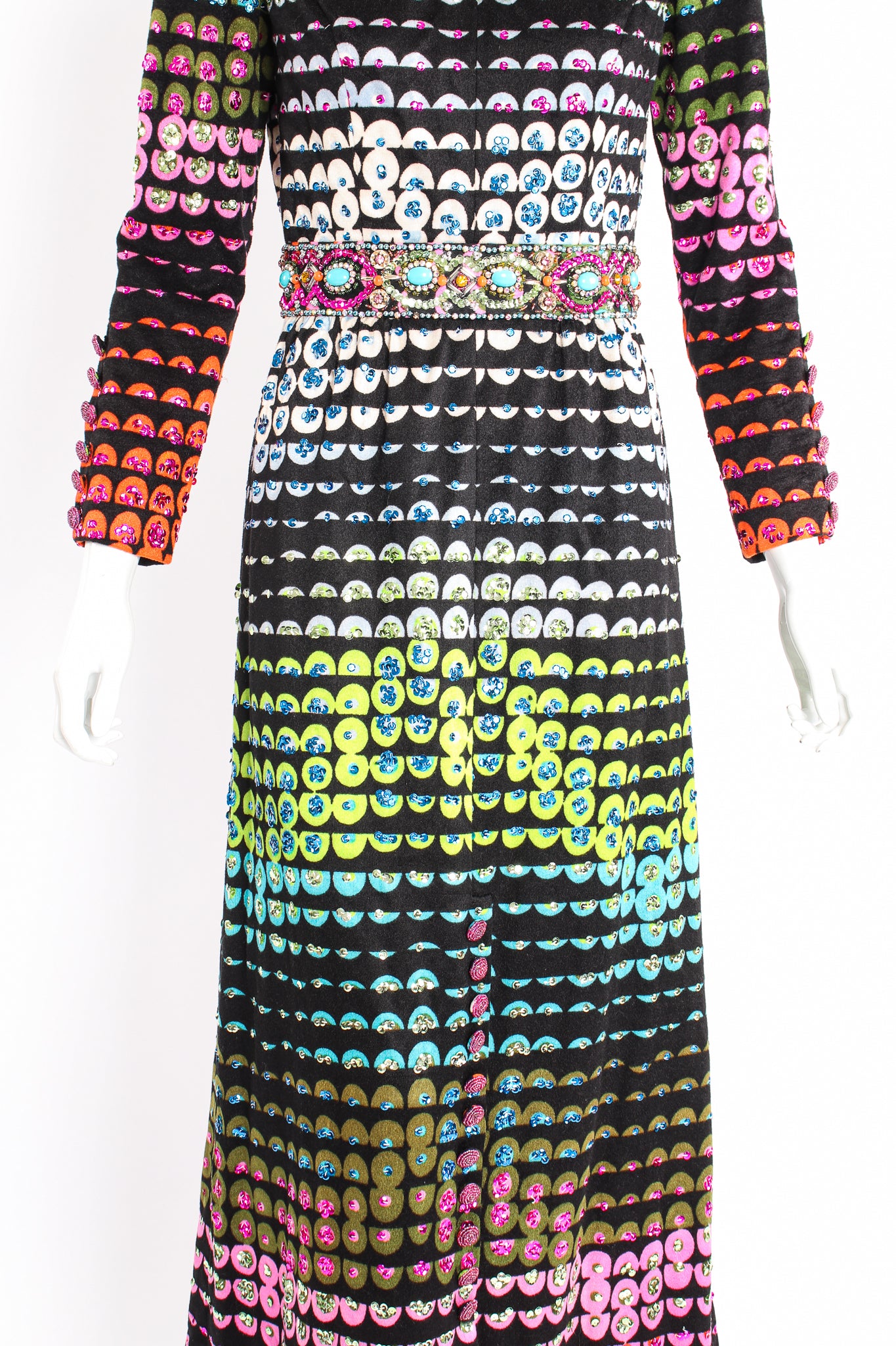 Vintage Valentina Graphic Rainbow Sequin Dress on Mannequin waist crop at Recess Los Angeles