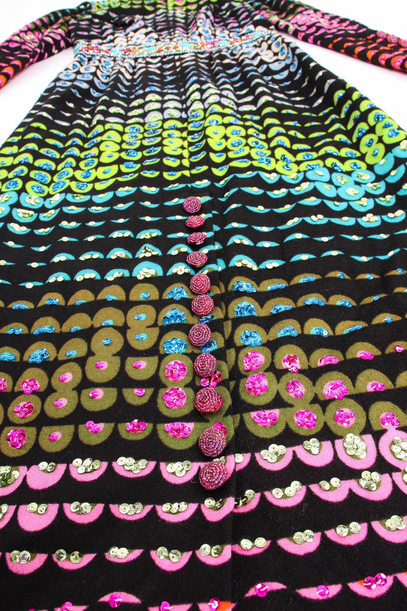 Vintage Valentina Graphic Rainbow Sequin Dress button detail at Recess Los Angeles