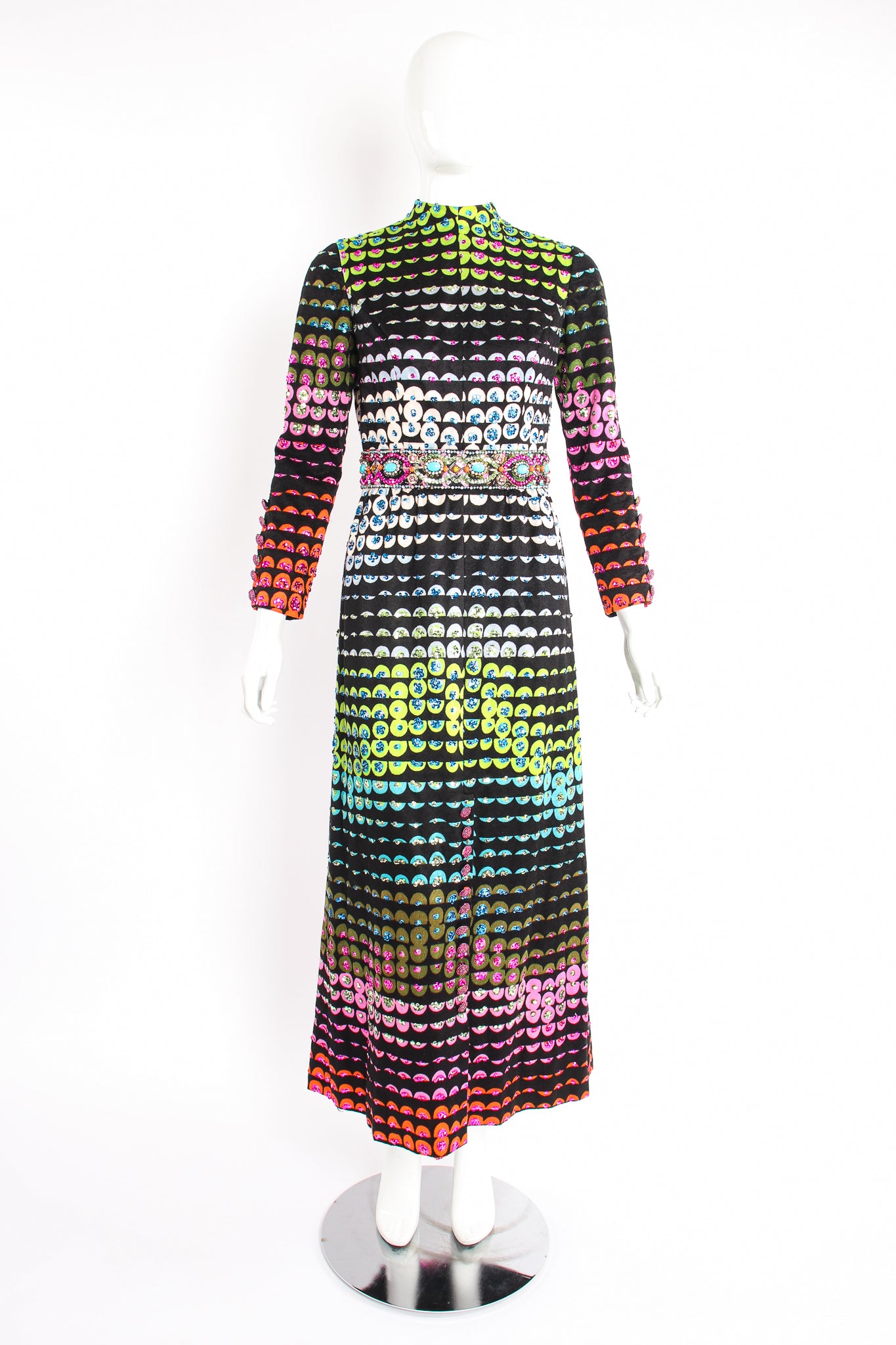 Vintage Valentina Graphic Rainbow Sequin Dress on Mannequin front at Recess Los Angeles