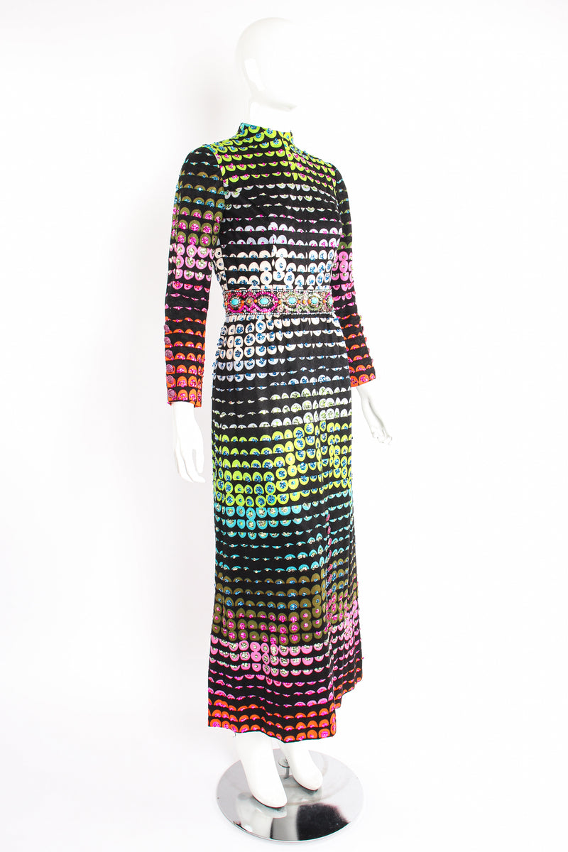 Vintage Valentina Graphic Rainbow Sequin Dress on Mannequin angle at Recess Los Angeles