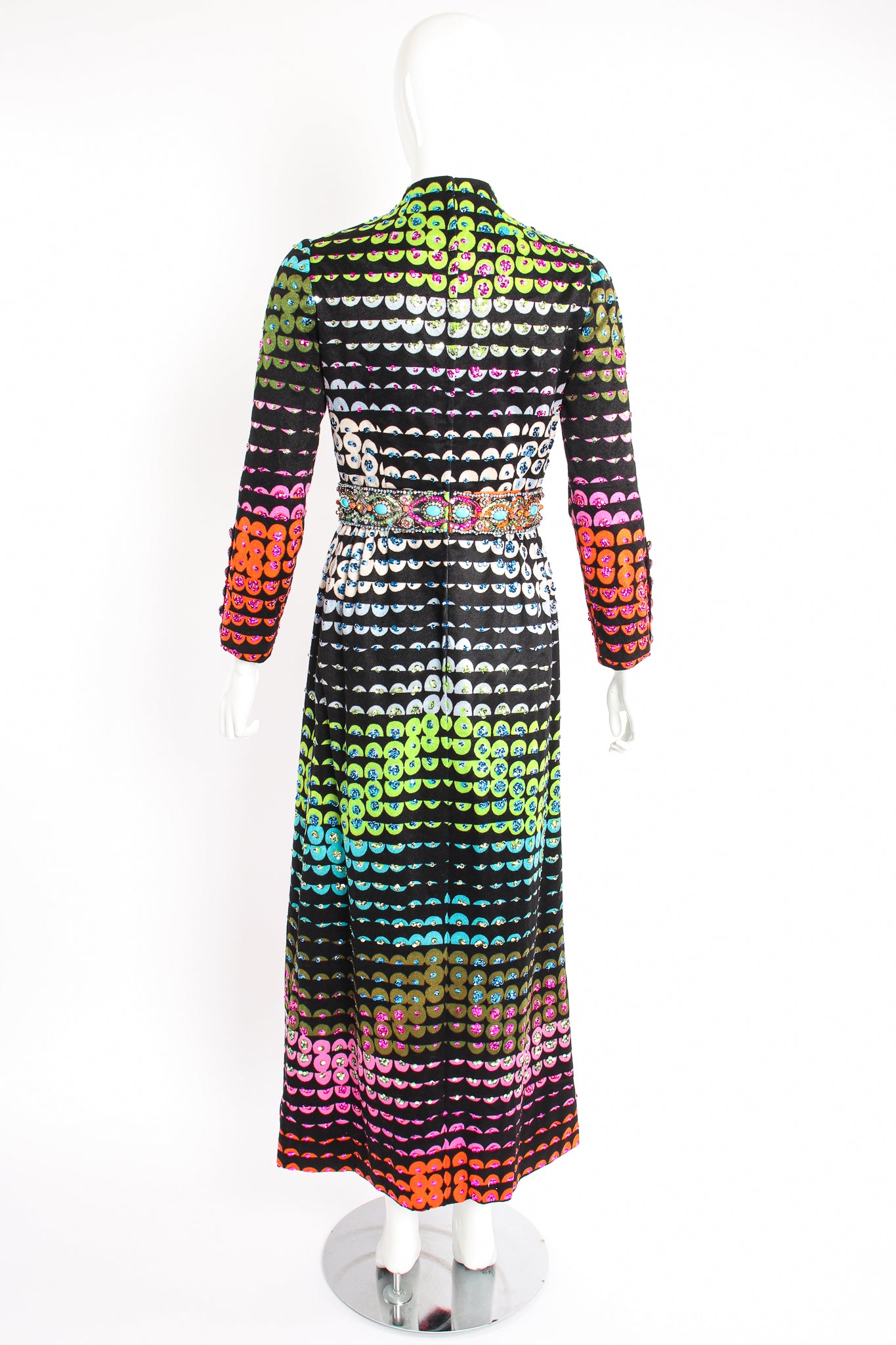 Vintage Valentina Graphic Rainbow Sequin Dress on Mannequin back at Recess Los Angeles