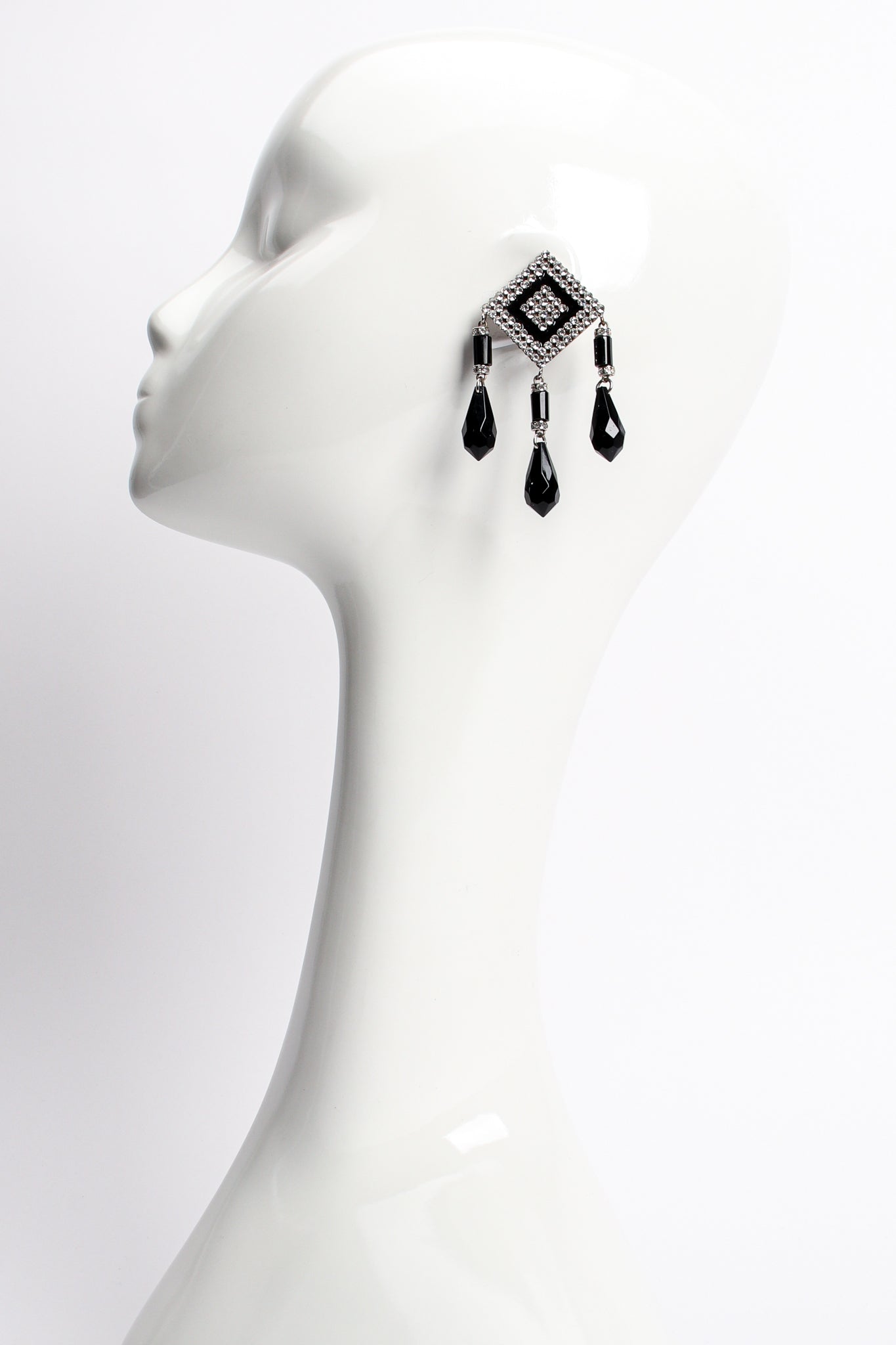 Vintage Valentino Geometric Diamond Drop Rhinestone Earrings on mannequin at Recess Los Angeles