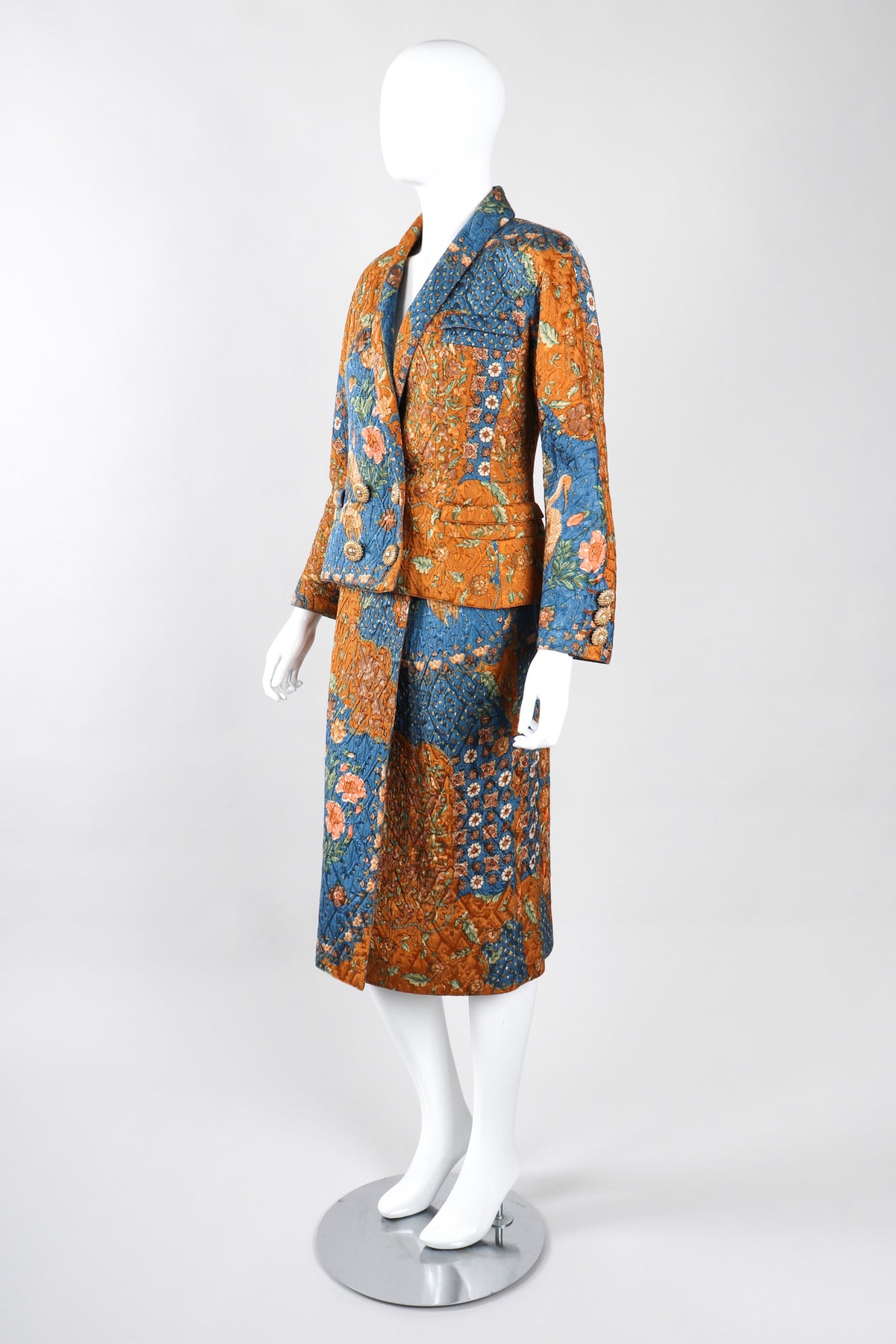 Vintage Valentino Metallic Floral Quilted Jacket & Wrap Skirt Suit
