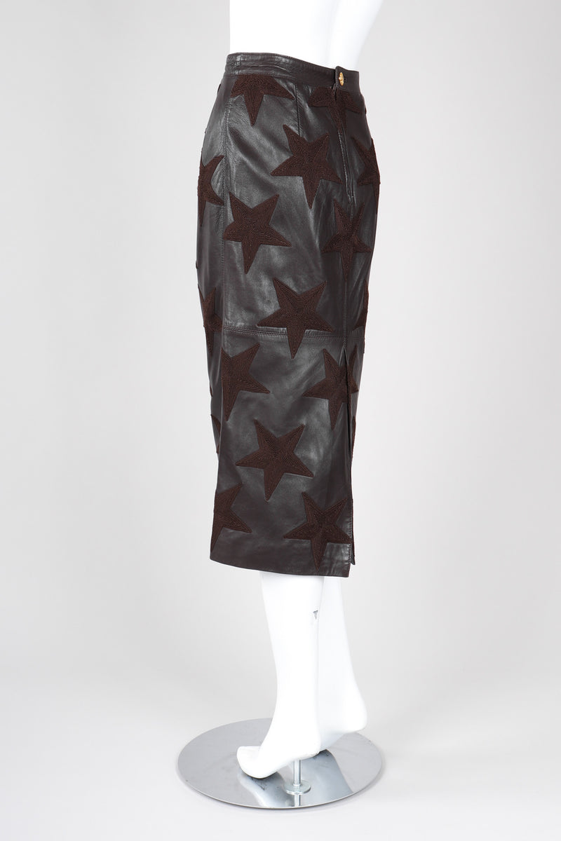 Recess Los Angeles Vintage Valentino Leather Embroidered Star Midi Pencil Skirt