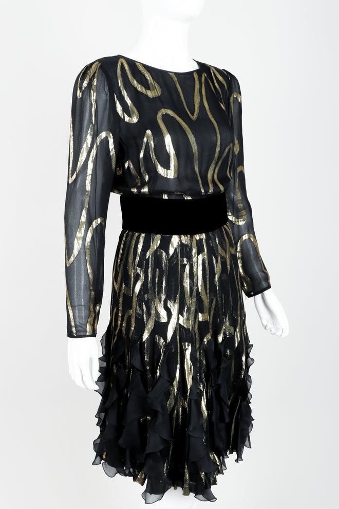 Vintage Valentino for Valentino Night Gold Lamé Ruffle Dress Angle at Recess